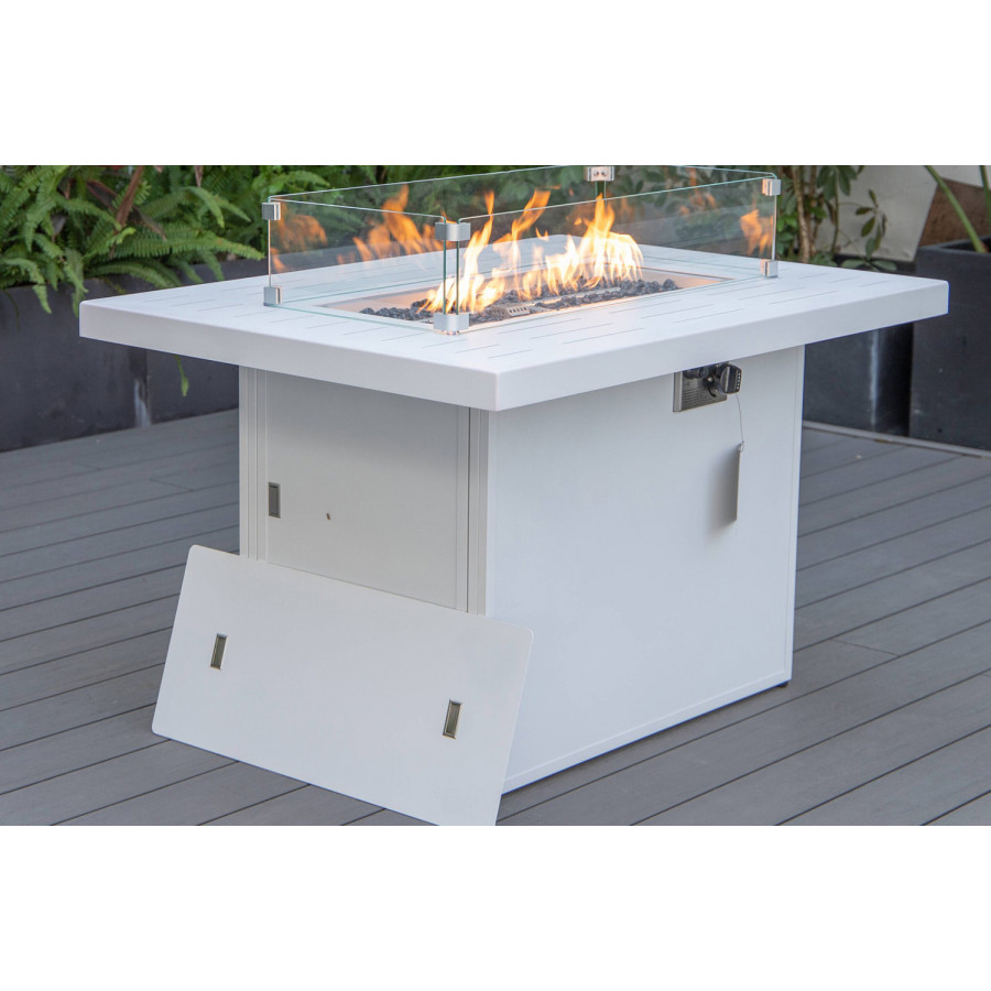 LeisureMod Chelsea Patio Modern Black Aluminum Propane Fire Pit Table - White