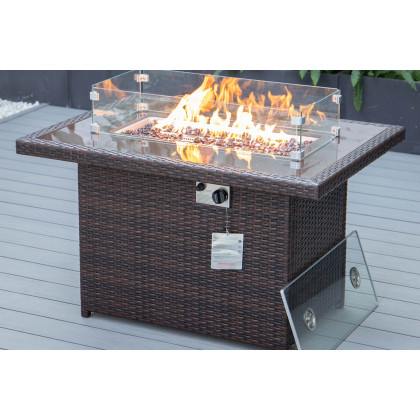 LeisureMod Mace Patio Modern Wicker Propane Fire Pit Table - Dark Brown