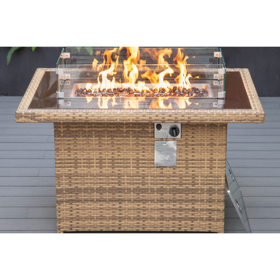 LeisureMod Mace Patio Modern Wicker Propane Fire Pit Table - Light Brown