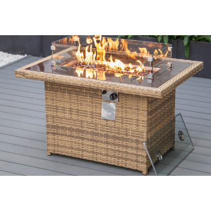 LeisureMod Mace Patio Modern Wicker Propane Fire Pit Table - Light Brown
