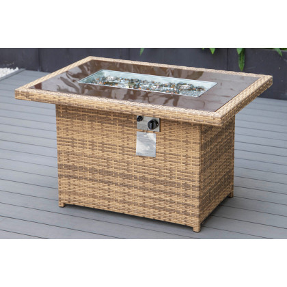 LeisureMod Mace Patio Modern Wicker Propane Fire Pit Table - Light Brown
