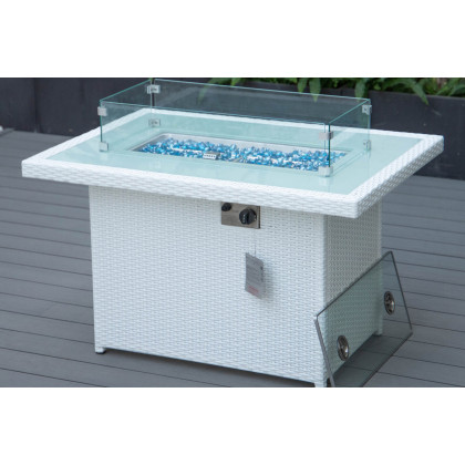 LeisureMod Mace Patio Modern Wicker Propane Fire Pit Table - White