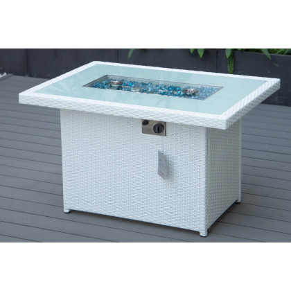 LeisureMod Mace Patio Modern Wicker Propane Fire Pit Table - White