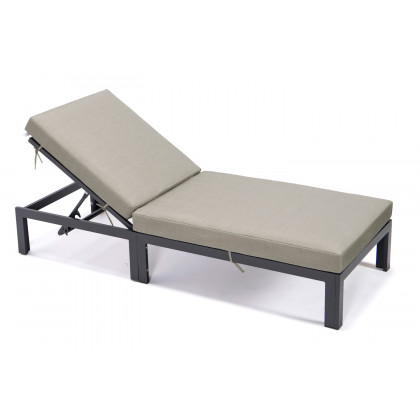 LeisureMod Chelsea Modern Outdoor Black Chaise Lounge Chair with Cushions - Beige
