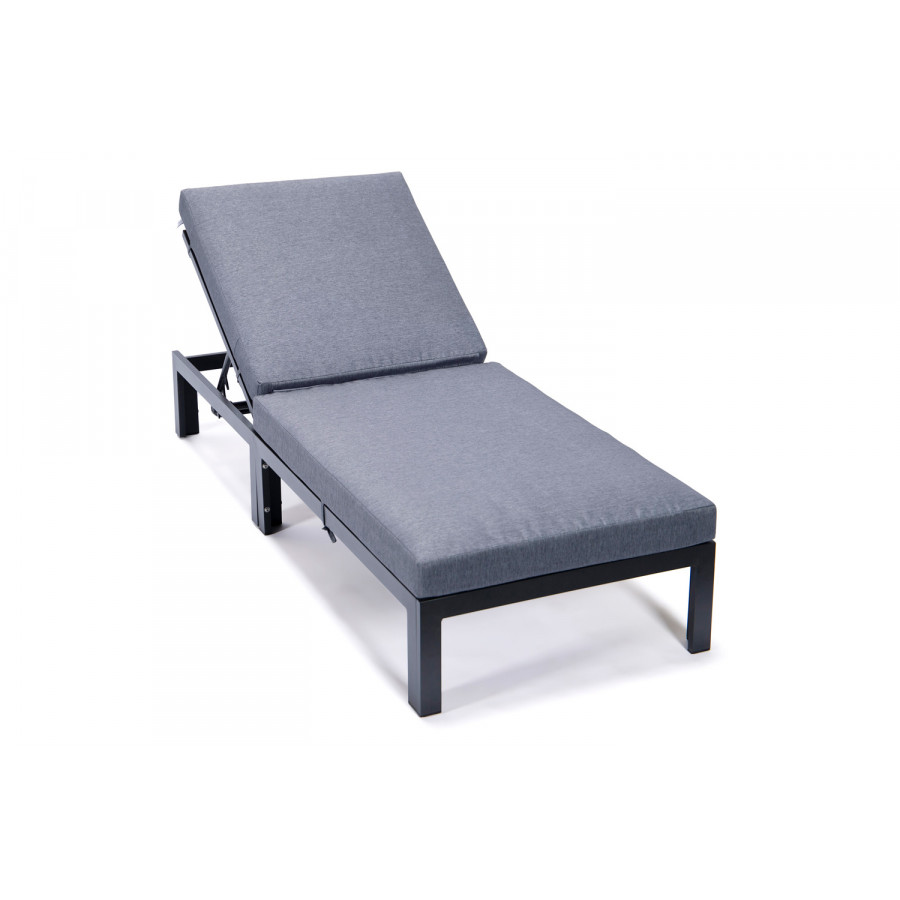 LeisureMod Chelsea Modern Outdoor Black Chaise Lounge Chair with Cushions - Blue