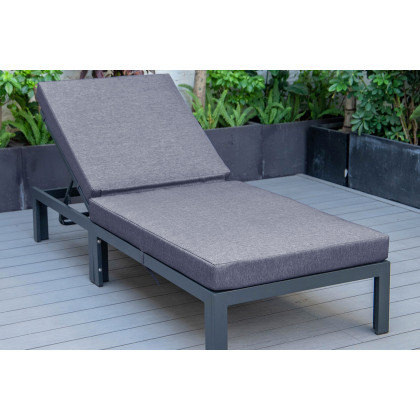 LeisureMod Chelsea Modern Outdoor Black Chaise Lounge Chair with Cushions - Blue