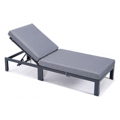 LeisureMod Chelsea Modern Outdoor Black Chaise Lounge Chair with Cushions - Blue