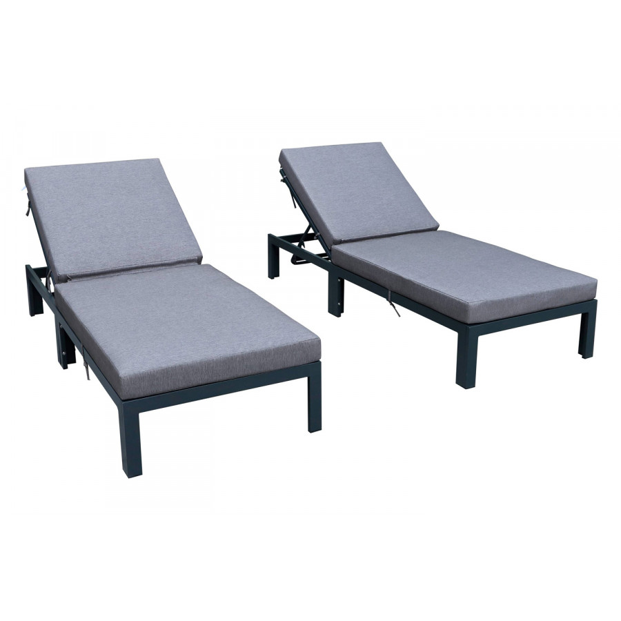 LeisureMod Chelsea Modern Outdoor Black Chaise Lounge Chair with Cushions (Set Of 2) - Blue