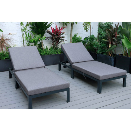 LeisureMod Chelsea Modern Outdoor Black Chaise Lounge Chair with Cushions (Set Of 2) - Blue