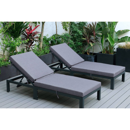 LeisureMod Chelsea Modern Outdoor Black Chaise Lounge Chair with Cushions (Set Of 2) - Blue