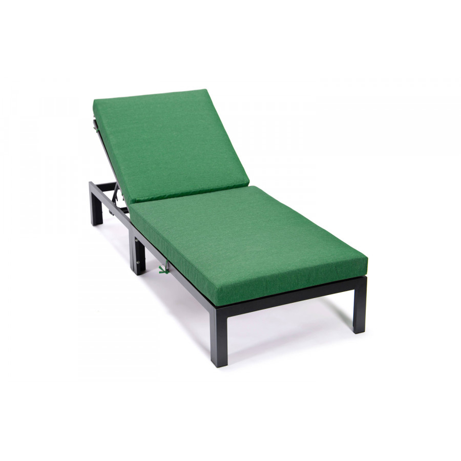 LeisureMod Chelsea Modern Outdoor Black Chaise Lounge Chair with Cushions - Green
