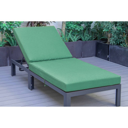 LeisureMod Chelsea Modern Outdoor Black Chaise Lounge Chair with Cushions - Green
