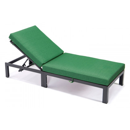 LeisureMod Chelsea Modern Outdoor Black Chaise Lounge Chair with Cushions - Green