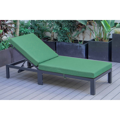 LeisureMod Chelsea Modern Outdoor Black Chaise Lounge Chair with Cushions - Green