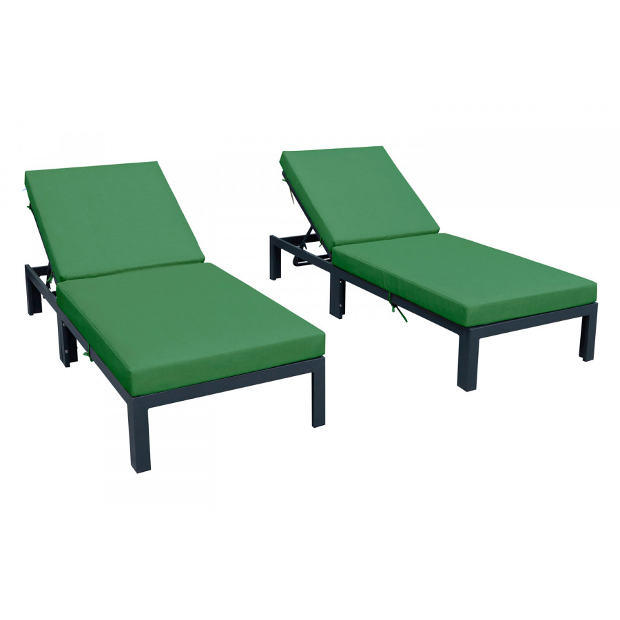 LeisureMod Chelsea Modern Outdoor Black Chaise Lounge Chair with Cushions (Set Of 2) - Green