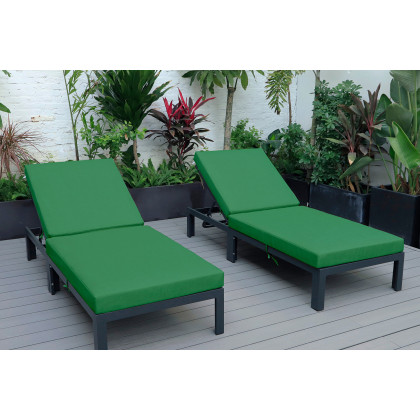 LeisureMod Chelsea Modern Outdoor Black Chaise Lounge Chair with Cushions (Set Of 2) - Green