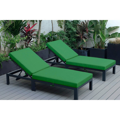 LeisureMod Chelsea Modern Outdoor Black Chaise Lounge Chair with Cushions (Set Of 2) - Green
