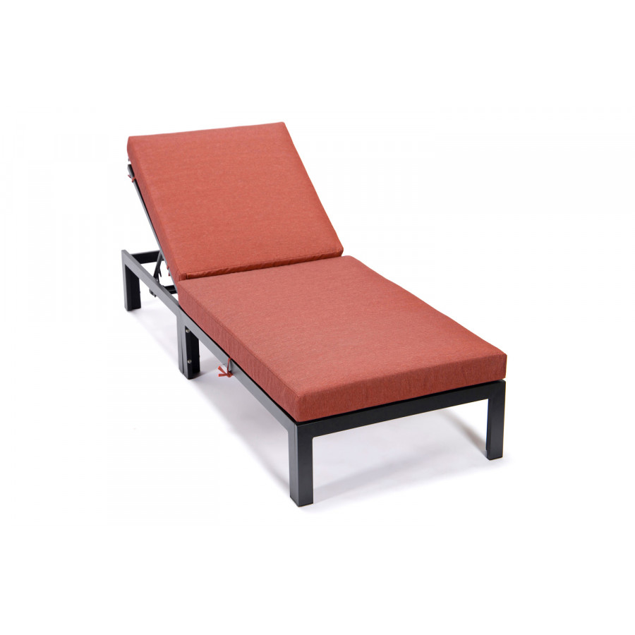 LeisureMod Chelsea Modern Outdoor Black Chaise Lounge Chair with Cushions - Orange