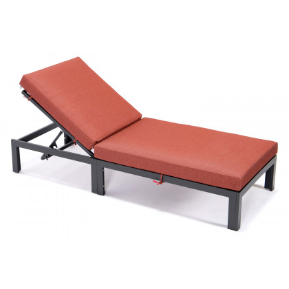 LeisureMod Chelsea Modern Outdoor Black Chaise Lounge Chair with Cushions - Orange