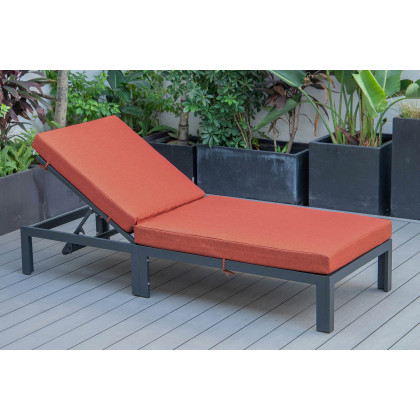 LeisureMod Chelsea Modern Outdoor Black Chaise Lounge Chair with Cushions - Orange