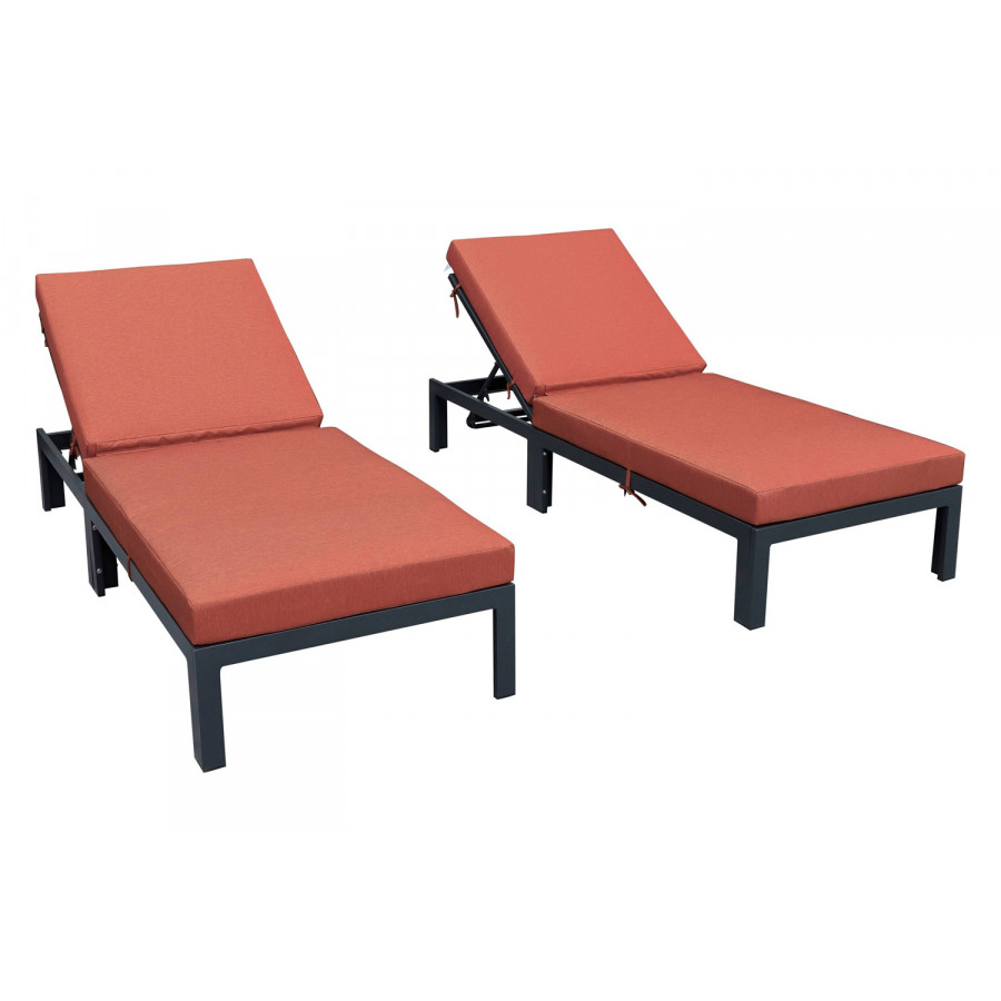 LeisureMod Chelsea Modern Outdoor Black Chaise Lounge Chair with Cushions (Set Of 2) - Orange