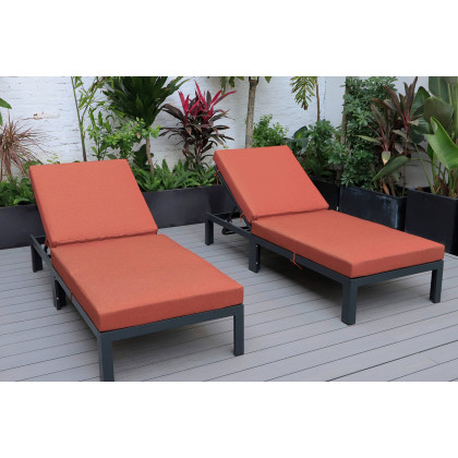 LeisureMod Chelsea Modern Outdoor Black Chaise Lounge Chair with Cushions (Set Of 2) - Orange