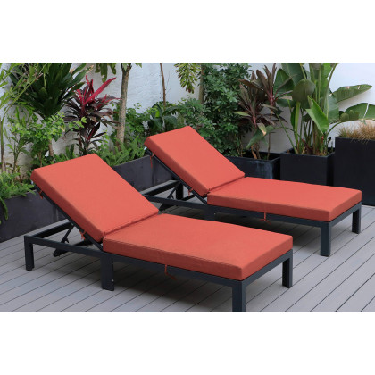 LeisureMod Chelsea Modern Outdoor Black Chaise Lounge Chair with Cushions (Set Of 2) - Orange