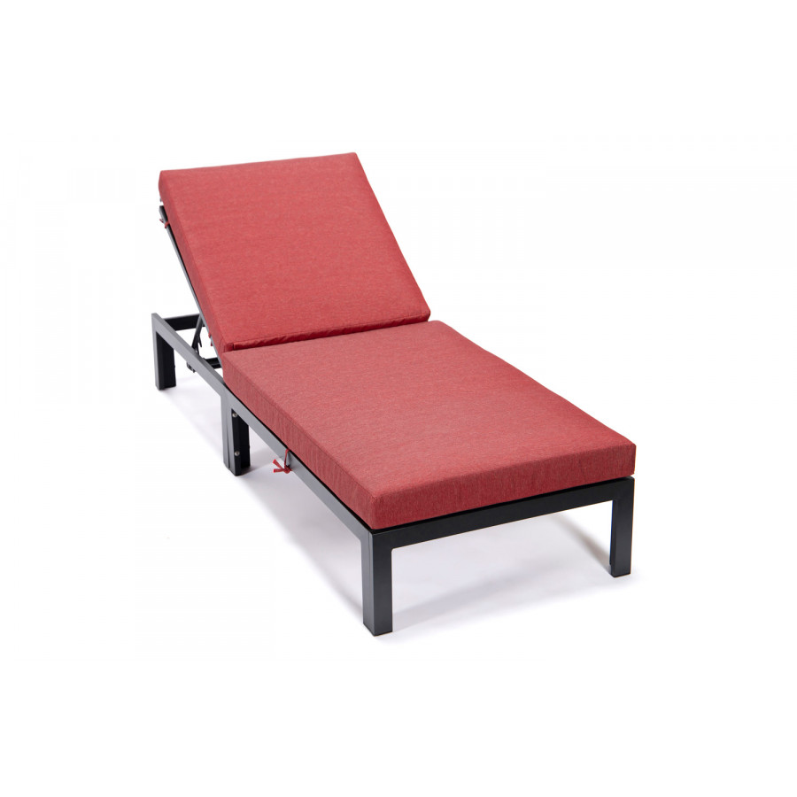 LeisureMod Chelsea Modern Outdoor Black Chaise Lounge Chair with Cushions - Red