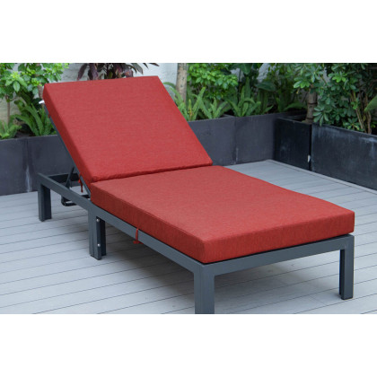 LeisureMod Chelsea Modern Outdoor Black Chaise Lounge Chair with Cushions - Red