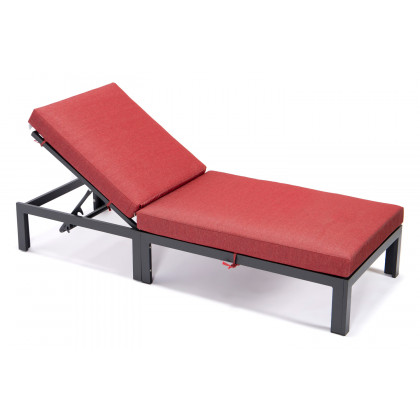 LeisureMod Chelsea Modern Outdoor Black Chaise Lounge Chair with Cushions - Red