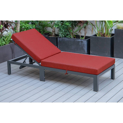 LeisureMod Chelsea Modern Outdoor Black Chaise Lounge Chair with Cushions - Red