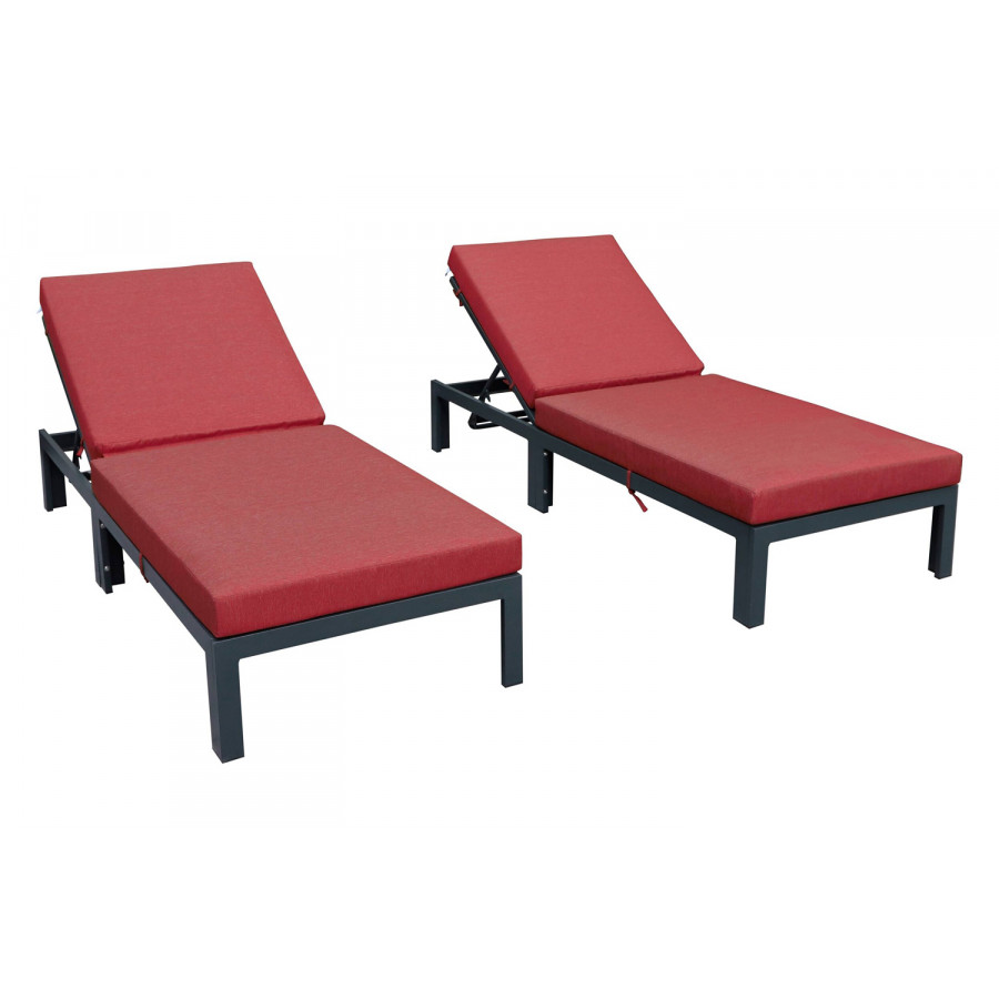 LeisureMod Chelsea Modern Outdoor Black Chaise Lounge Chair with Cushions (Set Of 2) - Red