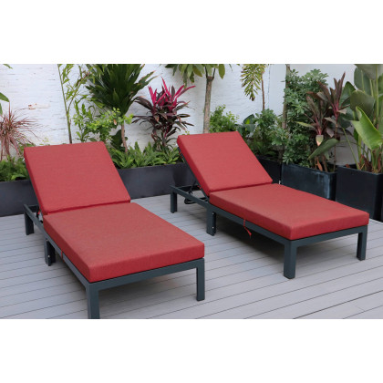 LeisureMod Chelsea Modern Outdoor Black Chaise Lounge Chair with Cushions (Set Of 2) - Red