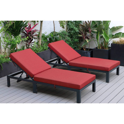 LeisureMod Chelsea Modern Outdoor Black Chaise Lounge Chair with Cushions (Set Of 2) - Red