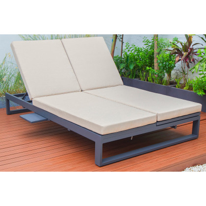 LeisureMod Chelsea Convertible Double Chaise Lounge Chair and Sofa with Cushions - Beige, Black