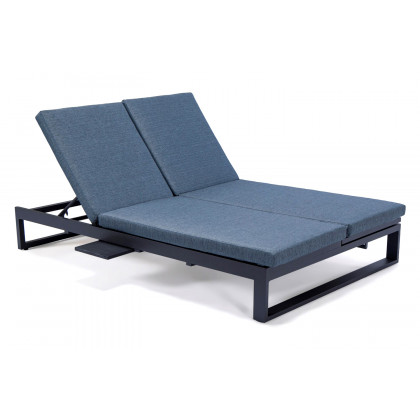 LeisureMod Chelsea Convertible Double Chaise Lounge Chair and Sofa with Cushions - Blue, Black