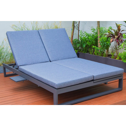 LeisureMod Chelsea Convertible Double Chaise Lounge Chair and Sofa with Cushions - Blue, Black