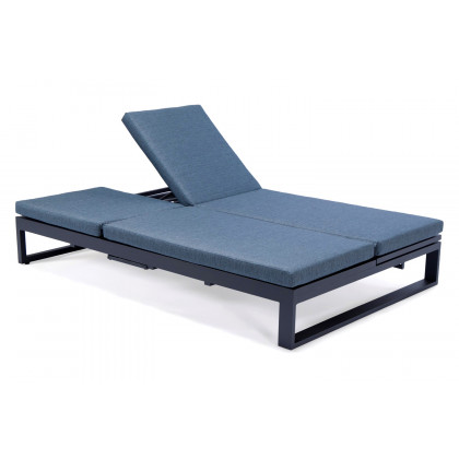 LeisureMod Chelsea Convertible Double Chaise Lounge Chair and Sofa with Cushions - Blue, Black