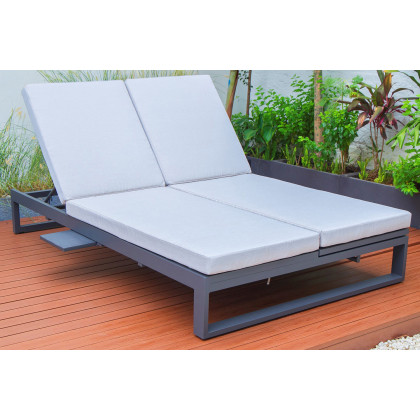 LeisureMod Chelsea Convertible Double Chaise Lounge Chair and Sofa with Cushions - Light Gray, Black