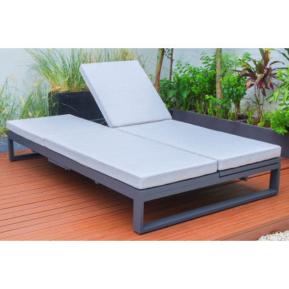 LeisureMod Chelsea Convertible Double Chaise Lounge Chair and Sofa with Cushions - Light Gray, Black