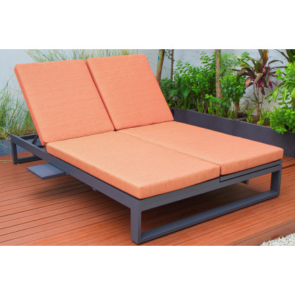 LeisureMod Chelsea Convertible Double Chaise Lounge Chair and Sofa with Cushions - Orange, Black