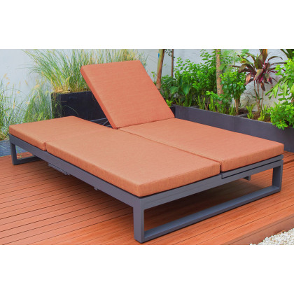 LeisureMod Chelsea Convertible Double Chaise Lounge Chair and Sofa with Cushions - Orange, Black