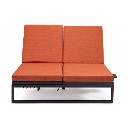 LeisureMod Chelsea Convertible Double Chaise Lounge Chair and Sofa with Cushions - Orange, Black