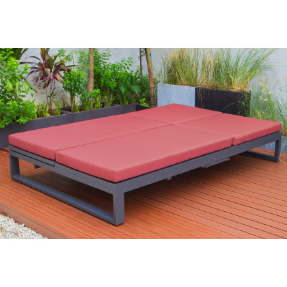 LeisureMod Chelsea Convertible Double Chaise Lounge Chair and Sofa with Cushions - Red, Black