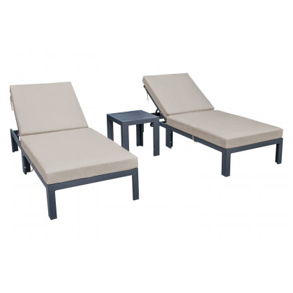 LeisureMod Chelsea Modern Outdoor Black Chaise Lounge with Side Table and Cushions (Set Of 2) - Beige