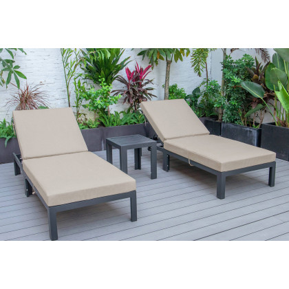 LeisureMod Chelsea Modern Outdoor Black Chaise Lounge with Side Table and Cushions (Set Of 2) - Beige
