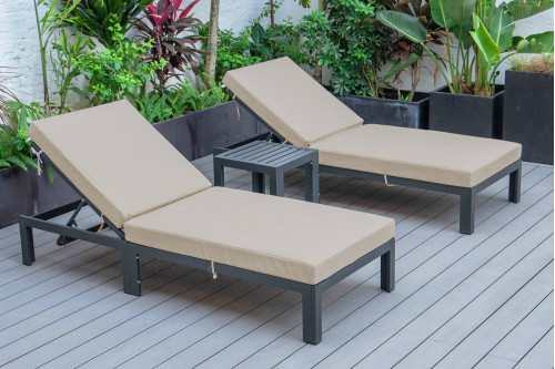 LeisureMod™ Chelsea Modern Outdoor Black Chaise Lounge with Side Table and Cushions (Set Of 2) - Beige
