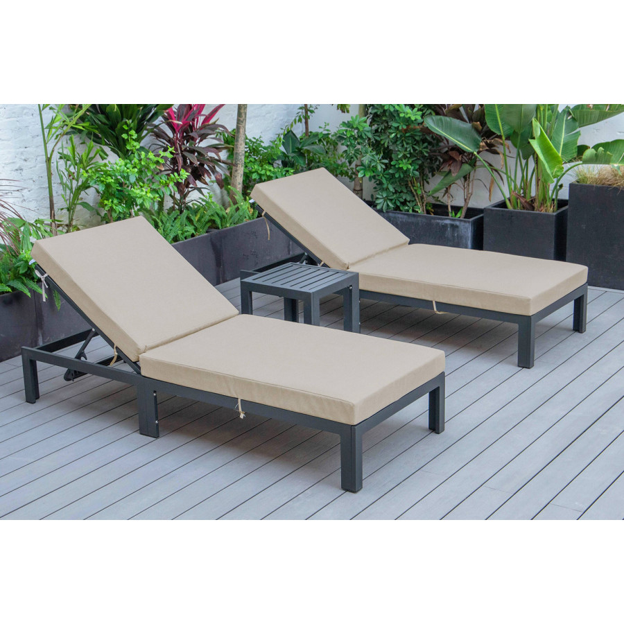 LeisureMod Chelsea Modern Outdoor Black Chaise Lounge with Side Table and Cushions (Set Of 2) - Beige