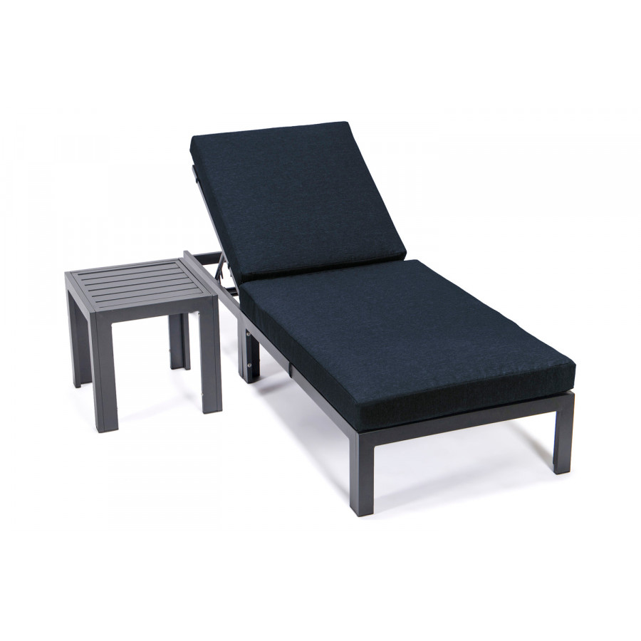 LeisureMod Chelsea Modern Outdoor Black Chaise Lounge Chair with Side Table and Cushions - Black