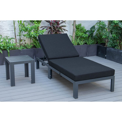 LeisureMod Chelsea Modern Outdoor Black Chaise Lounge Chair with Side Table and Cushions - Black